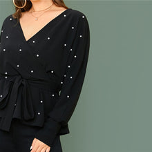 Load image into Gallery viewer, Plus Black Size Surplice Neck Dolman Sleeve Pearls Beaded Belted Top Women Spring Solid Elegant Office Lady Peplum Blouses