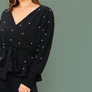 Plus Black Size Surplice Neck Dolman Sleeve Pearls Beaded Belted Top Women Spring Solid Elegant Office Lady Peplum Blouses