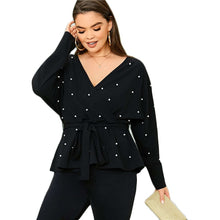 Load image into Gallery viewer, Plus Black Size Surplice Neck Dolman Sleeve Pearls Beaded Belted Top Women Spring Solid Elegant Office Lady Peplum Blouses