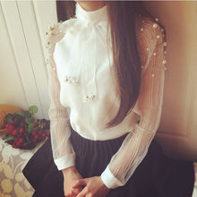 Load image into Gallery viewer, 2021 Autumn New elegant organza bow of Pearl White blouse casual chiffon shirt women   blouses tops blusas femininas