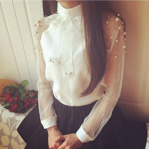 2021 Autumn New elegant organza bow of Pearl White blouse casual chiffon shirt women   blouses tops blusas femininas