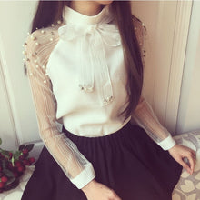 Load image into Gallery viewer, 2021 Autumn New elegant organza bow of Pearl White blouse casual chiffon shirt women   blouses tops blusas femininas