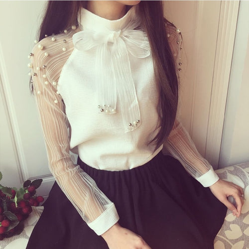 2021 Autumn New elegant organza bow of Pearl White blouse casual chiffon shirt women   blouses tops blusas femininas