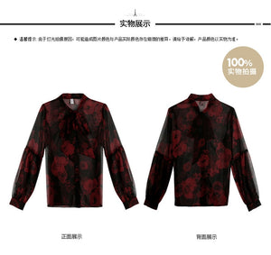 QA978 High quality fashion lantern sleeve print black chiffon blouse women elegant floral shirt female tops