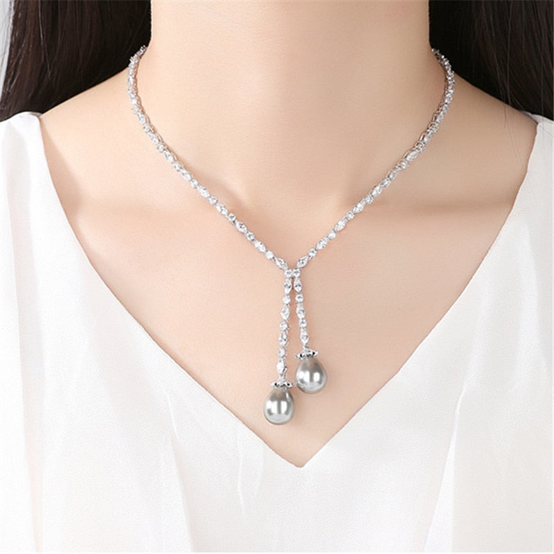 New luxury women's necklace cubin zirconia AAA crystal with grey pearls tassels party necklace top accessories for ladies