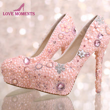 Load image into Gallery viewer, Pink Pearl Rhinestone Flower Platforms Dancing Party Shoes Pearl Wedding Bridal Dress Shoes Graduation Prom Heels Women Shoes