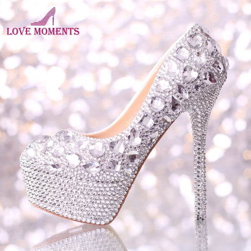 Wedding shoes women high heels crystal Fashion Bridal Dress shoes woman platforms silver rhinestone Party Prom pumps