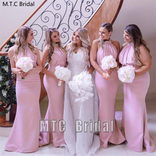 New Sexy Pink Long Bridesmaid Dresses Backless Crystal Collar Mermaid Formal Dress Plus Size Maid Of Honor Wedding Party Gowns