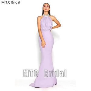 New Sexy Pink Long Bridesmaid Dresses Backless Crystal Collar Mermaid Formal Dress Plus Size Maid Of Honor Wedding Party Gowns