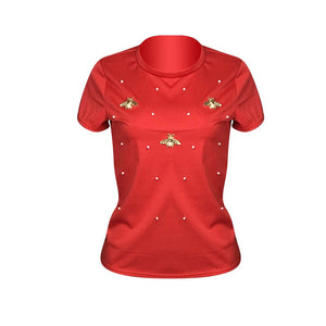 Plus Size Women Short Sleeve Pearl Beading Tshirt Ladies Tee Tops Summer Solid Weekend Casual Fit Round Neck Basic T Shirt