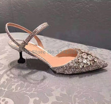 Load image into Gallery viewer, ALMUDENA New Arrival Pointed Toe Cat Heel Women Shoes Bling Bling Rhinestone Sliver Sequined Bridal Shoes