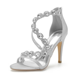 Satin evening dress women sandals strappy shoes sexy wedding party prom club show lady shoes summer bridal big stone crystals