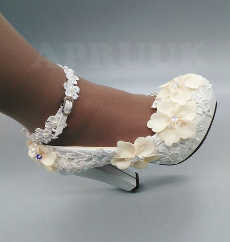 Super high 11cm block square heeled white pumps shoes womann ankle buckle straps champagne flower lace bridal wedding shoe bride