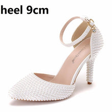 Load image into Gallery viewer, Crystal Queen Pointed Toe White Ivory Pearl Wedding Shoes Thin High Heels Pumps Bridal Ankle Strap Sandals Female Party Shoes