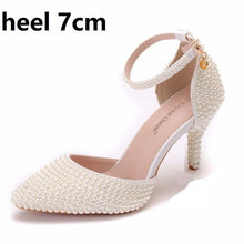 Load image into Gallery viewer, Crystal Queen Pointed Toe White Ivory Pearl Wedding Shoes Thin High Heels Pumps Bridal Ankle Strap Sandals Female Party Shoes