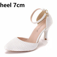 Load image into Gallery viewer, Crystal Queen Pointed Toe White Ivory Pearl Wedding Shoes Thin High Heels Pumps Bridal Ankle Strap Sandals Female Party Shoes