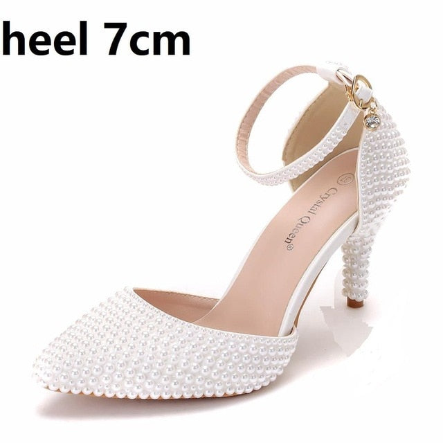 Crystal Queen Pointed Toe White Ivory Pearl Wedding Shoes Thin High Heels Pumps Bridal Ankle Strap Sandals Female Party Shoes