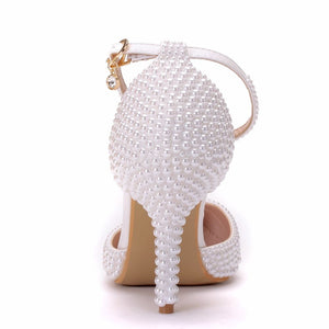 Crystal Queen Pointed Toe White Ivory Pearl Wedding Shoes Thin High Heels Pumps Bridal Ankle Strap Sandals Female Party Shoes