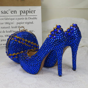 BaoYaFang Royal Blue crystal Womens Wedding shoes with matching bags high heels platform shoes and purse woman High shoes