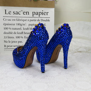 BaoYaFang Royal Blue crystal Womens Wedding shoes with matching bags high heels platform shoes and purse woman High shoes