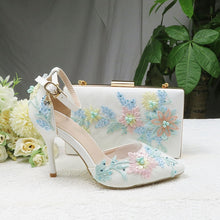 Load image into Gallery viewer, 2021 New Summer Mint  green Flower wedding shoes with matching bags High heels Pointed Toe Ankle Strap Party shoe and bag set