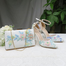 Load image into Gallery viewer, 2021 New Summer Mint  green Flower wedding shoes with matching bags High heels Pointed Toe Ankle Strap Party shoe and bag set