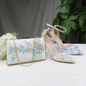 2021 New Summer Mint  green Flower wedding shoes with matching bags High heels Pointed Toe Ankle Strap Party shoe and bag set