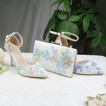 Load image into Gallery viewer, 2021 New Summer Mint  green Flower wedding shoes with matching bags High heels Pointed Toe Ankle Strap Party shoe and bag set