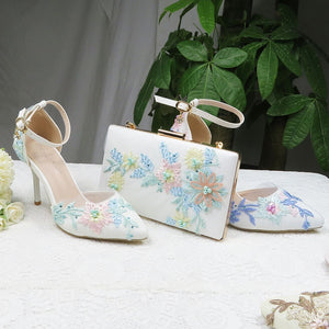 2021 New Summer Mint  green Flower wedding shoes with matching bags High heels Pointed Toe Ankle Strap Party shoe and bag set