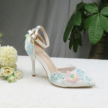 Load image into Gallery viewer, 2021 New Summer Mint  green Flower wedding shoes with matching bags High heels Pointed Toe Ankle Strap Party shoe and bag set