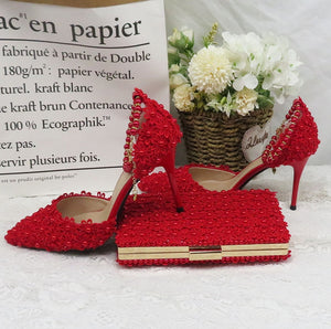 Red Pearl Flower Wedding Shoes With Matching Bags High Heels Pointed Toe Ankle Strap Ladies Party shoe and bag set