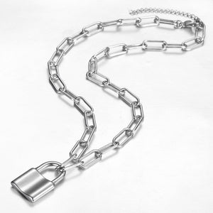 7mm Stainless Steel Paperclip Box Rolo Chain Lock Pendant Necklace for Men Women Couple Jewelry Length Adjustable DDNM36