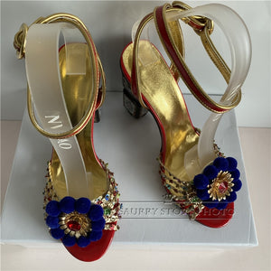 Weaving Sequins Narrow Band Wedding Shoes Bridal Print Chunky Heel Diamond Pompoms Ankle Strappy Sandals Women Summer