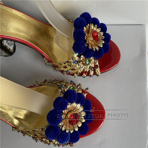 Weaving Sequins Narrow Band Wedding Shoes Bridal Print Chunky Heel Diamond Pompoms Ankle Strappy Sandals Women Summer