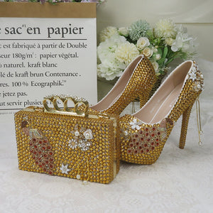 BaoYaFang Golden Crystal Shoe with matching bag Bridal Wedding shoes Woman High heel platform shoes High Pumps Round Toe