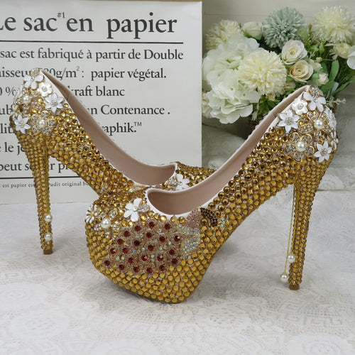 BaoYaFang Golden Crystal Shoe with matching bag Bridal Wedding shoes Woman High heel platform shoes High Pumps Round Toe