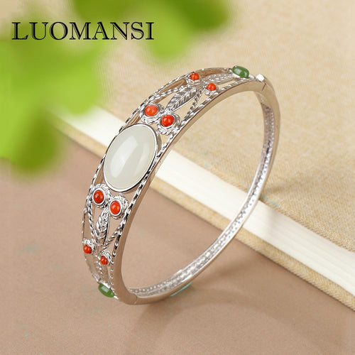 Luomansi Natural Hetian Jade Bracelet Real S925 Silver Gemstone Jewelry Woman Cuff Bracelet Party Wholesale