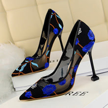 Load image into Gallery viewer, 2021 Women 10cm High Heels Sexy Pointed Toe Blue Heels Pumps Valentine Embroider Air Mesh Scarpins Wedding Bridal Quality Shoes
