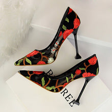 Load image into Gallery viewer, 2021 Women 10cm High Heels Sexy Pointed Toe Blue Heels Pumps Valentine Embroider Air Mesh Scarpins Wedding Bridal Quality Shoes