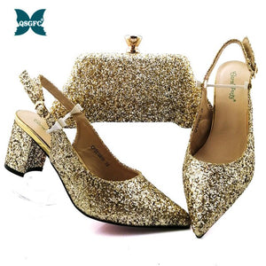 2019 Newest style Gold color African shoe and bag set Mid heel italian design shoe with matching bag best selling ladies