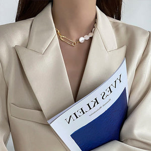 Minar Luxury Round Pearl Paperclip Necklaces for Women Gold Color Chunky Hollow Linked Chain Asymmetry Chokers Necklace Jewelry