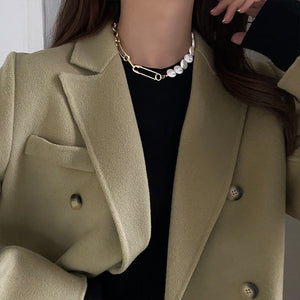 Minar Luxury Round Pearl Paperclip Necklaces for Women Gold Color Chunky Hollow Linked Chain Asymmetry Chokers Necklace Jewelry