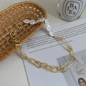 Minar Luxury Round Pearl Paperclip Necklaces for Women Gold Color Chunky Hollow Linked Chain Asymmetry Chokers Necklace Jewelry