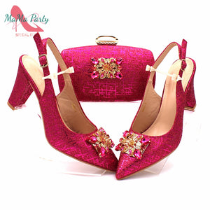 Fashionable African Shoes and Bag Set Italian Women  Fuchsia Color Nigerian Shoes with Matching Bags for Royal Wedding Party