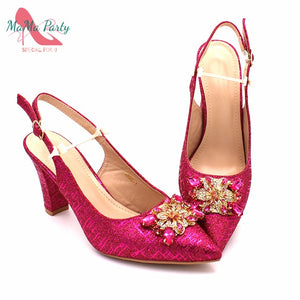 Fashionable African Shoes and Bag Set Italian Women  Fuchsia Color Nigerian Shoes with Matching Bags for Royal Wedding Party