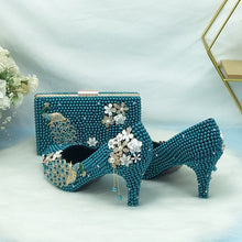 Load image into Gallery viewer, BaoYaFang Teal Blue Pearl wedding shoes with matching bags bride High heels platform shoes Round Toe green blue Shoe and Bag Set