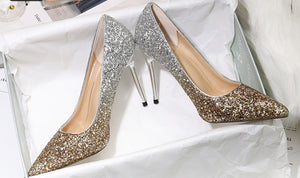 Gradient High Heels Shoes Woman Pumps Golden Shiny Grete Pointed Bridal Shoes Sequins Fashion Party Sexy Thin Heels Women Shoes