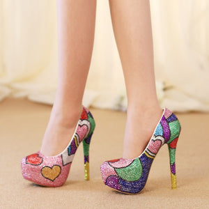 Fashion Handmade Colorful Rhinestone Wedding Shoes Banquet Evening Party Pumps Multicolor Crystal Bridal Shoes Heart Shape