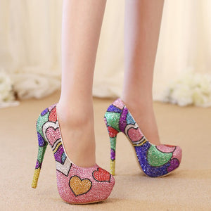 Fashion Handmade Colorful Rhinestone Wedding Shoes Banquet Evening Party Pumps Multicolor Crystal Bridal Shoes Heart Shape