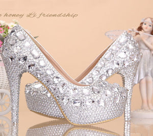 Wedding shoes women high heels crystal Fashion Bridal Dress shoes woman platforms silver rhinestone Party Prom pumps